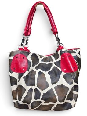Giraffe Print Hobo Tote Bag w/ Red Accents & Silver Studs
